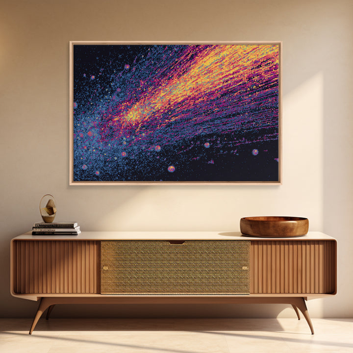 Magenta Gold Comet Trail Across Deep Space Wall Art, Modern Abstract Art Print, Cosmic Retro Poster, Colorful Home Decor