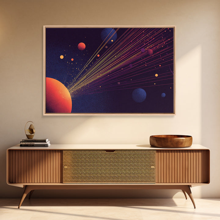 Orange Planet With Laser Orbit Lines Canvas Print, Mid Century Modern Space Poster, Retro Sci Fi Wall Art, MCM Room Decor