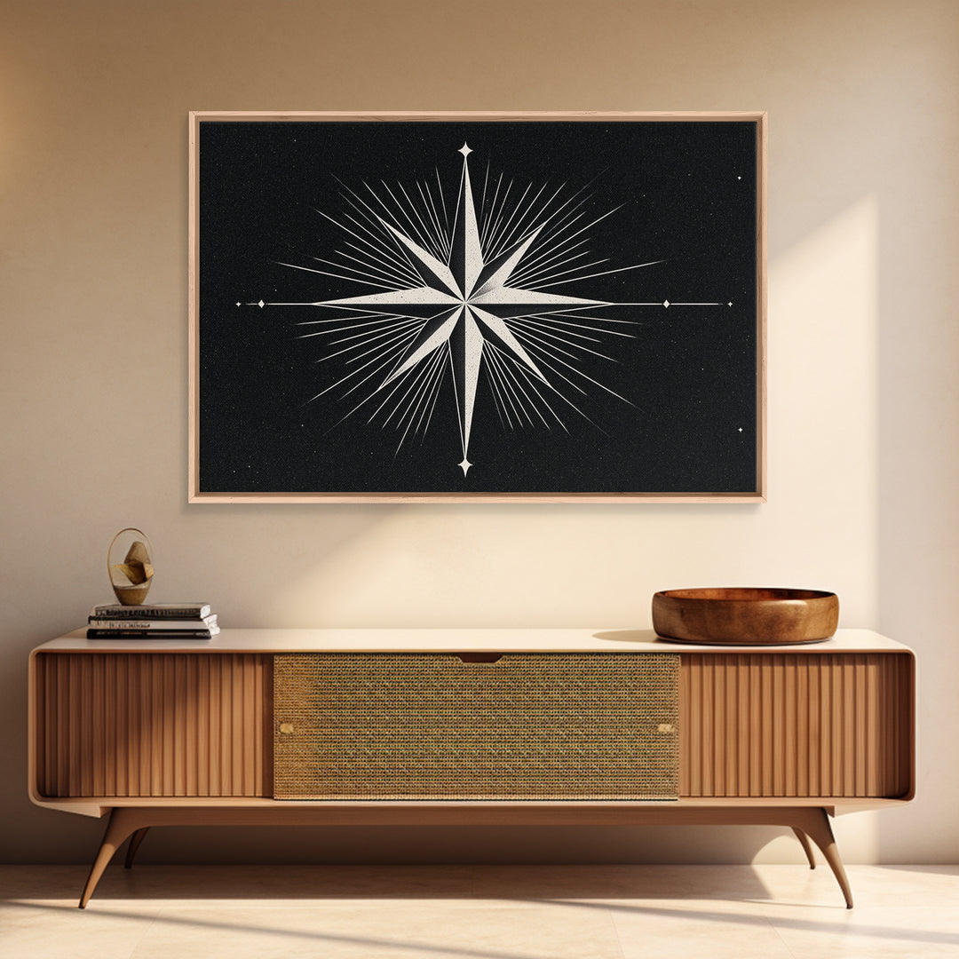 White Compass Star On Black Speckled Sky Wall Art, Mid Century Modern Abstract Print, Minimalist Retro Geometric Wall Decor
