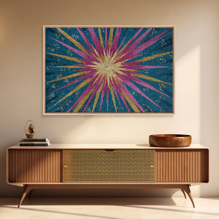 Teal Pink Gold Radiating Star Lines Framed Canvas Print, Modern Abstract Wall Art, Colorful Mid Century Modern MCM Decor Poster