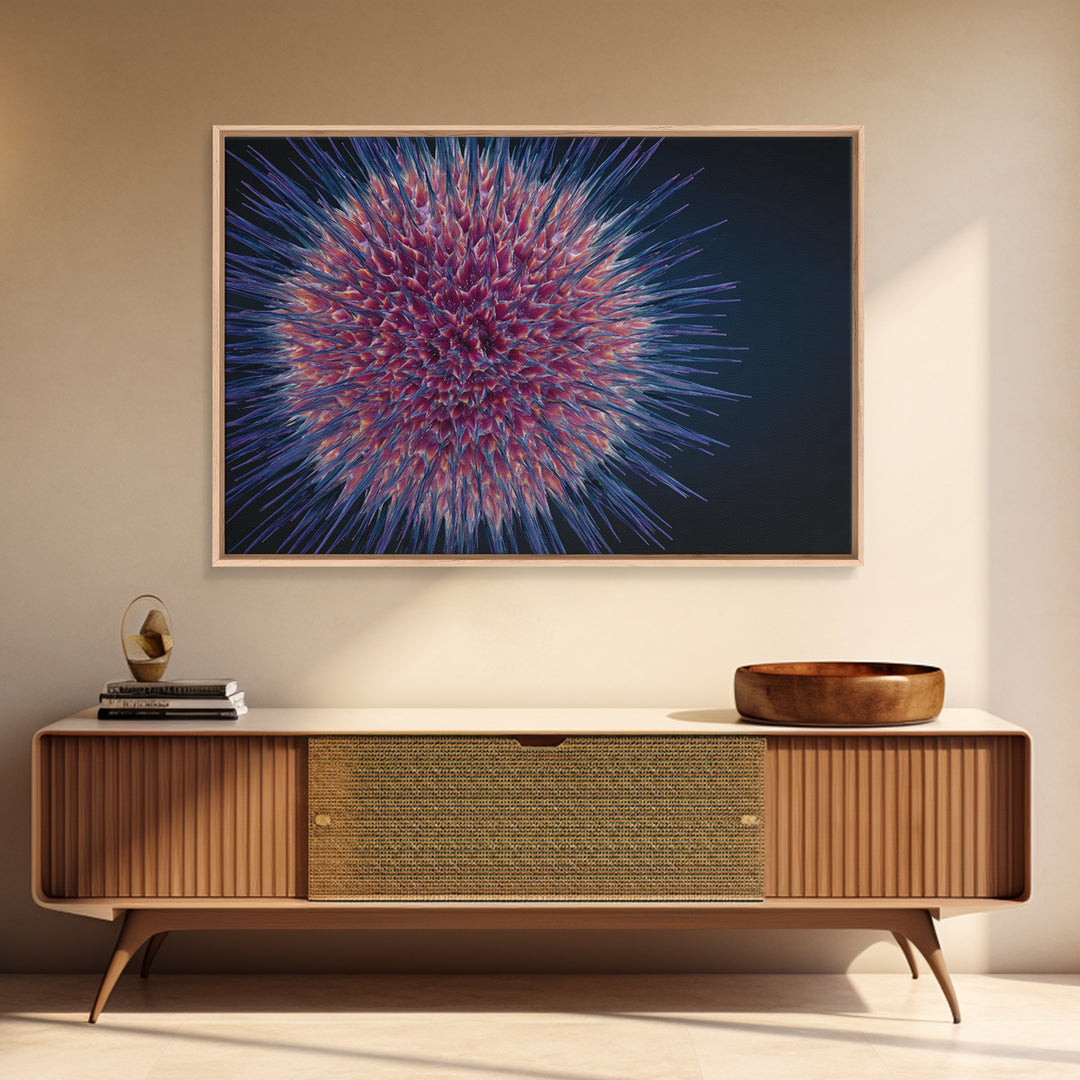 Colorful Spiky Sphere Wall Art, Modern Abstract Art Print, Cosmic Botanical Poster, Blue Pink Home Decor, Statement Canvas Style