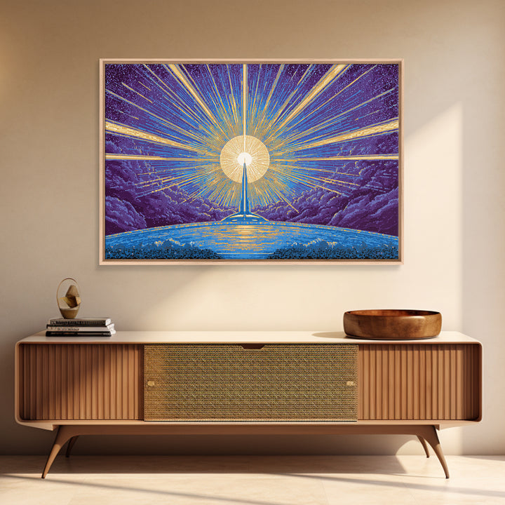 Radiant Rocket Sunrise Wall Art, Retro Sci Fi Poster, Mid Century Modern Art Print, Blue Yellow Space Decor, Space Abstract Art