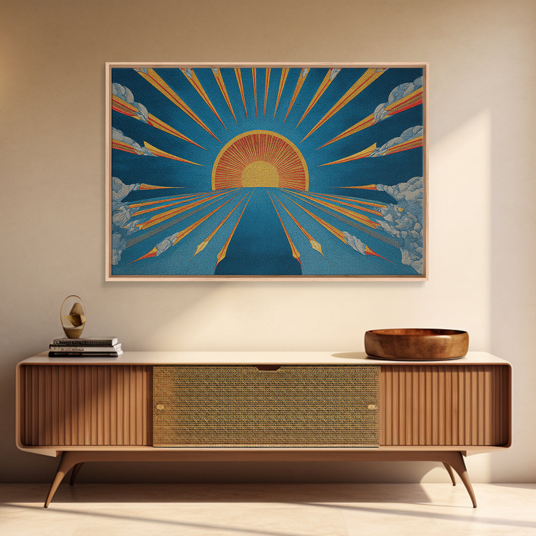 Embroidered Sunburst Canvas Print, Mid Century Modern Wall Art, Retro Sun Poster, Teal Orange Textile Style Home Decor Print