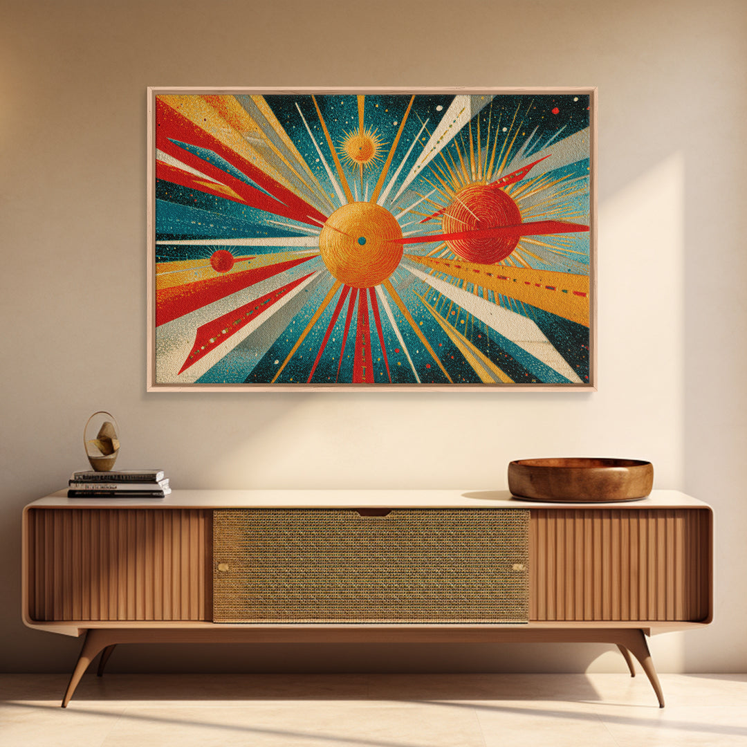 Retro Planetary Orbit Wall Art, Mid Century Modern Art Print, Atomic Space Poster, Orange Teal Geometric Decor, Cosmic Retro Art