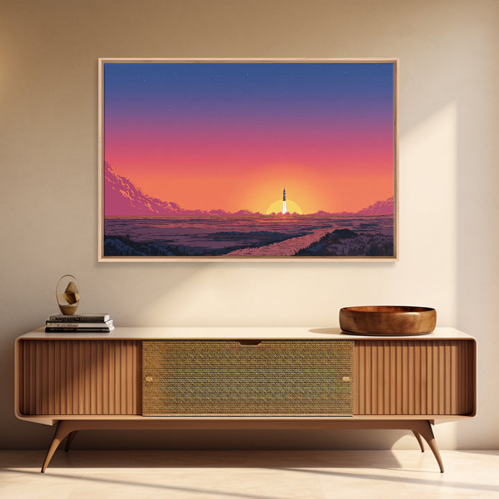 Rocket Sunset Landscape Wall Art, Retro Sci Fi Poster, Mid Century Modern Print, Orange Pink Desert Decor, Space Travel Art
