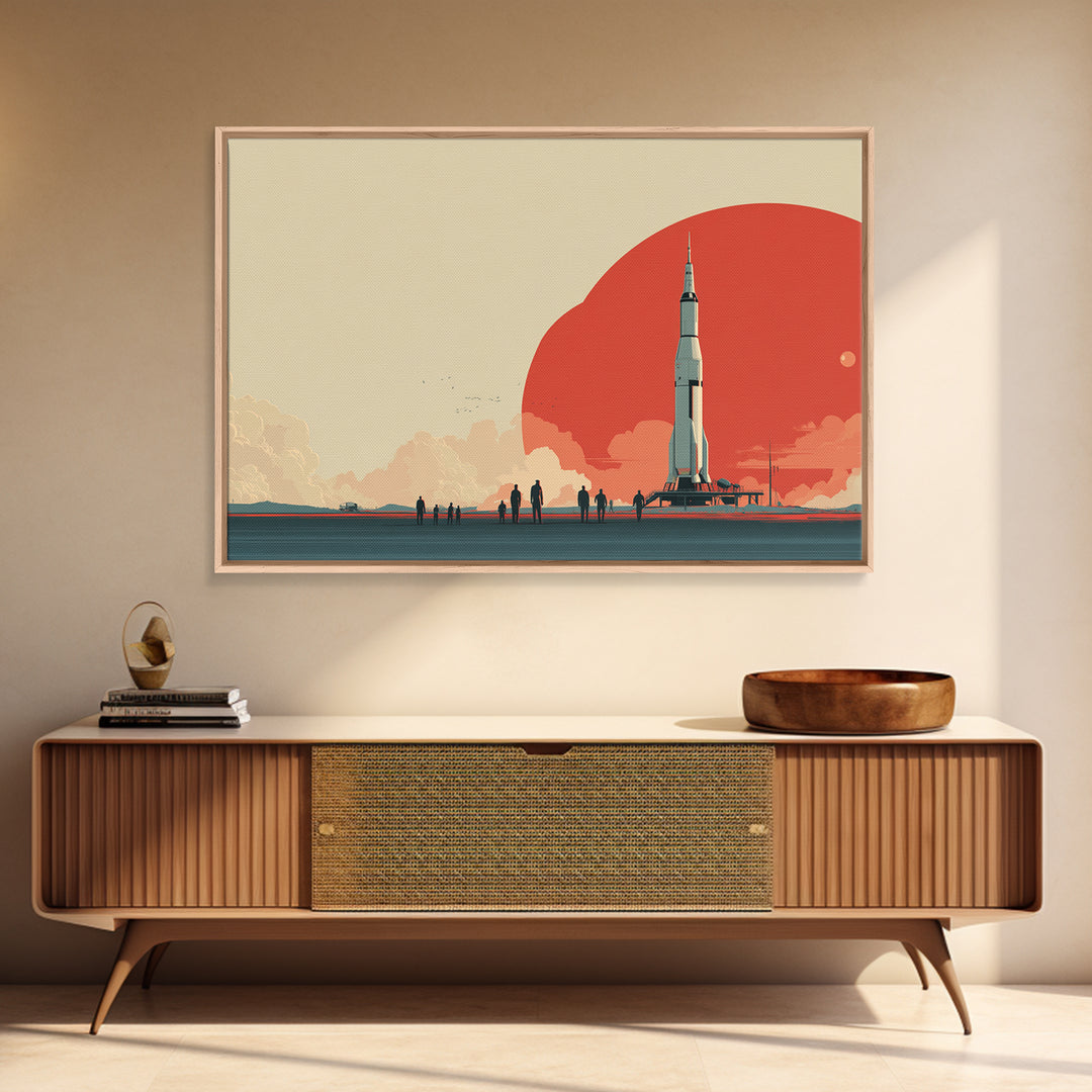 Minimal Rocket Red Sun Framed Canvas Print, Mid Century Modern Wall Art, Space Age Poster, Palm Springs Colors, Retro Decor