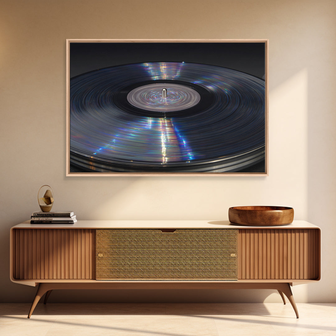 Iridescent Vinyl Record Macro Wall Art, Modern Music Photography Print, Retro Turntable Decor, Minimal Black Home Decor