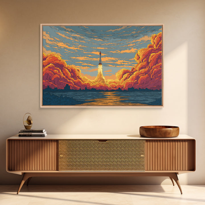 Rocket Launch Clouds Canvas Print, Retro Sci Fi Wall Art, Mid Century Modern Poster, Orange Blue Landscape Decor, Space Art Print