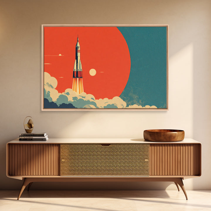 Retro Rocket Launch At Orange Planet, Midcentury Modern Wall Art, Space Poster, Sci Fi Print, Atomic Decor For Living Room