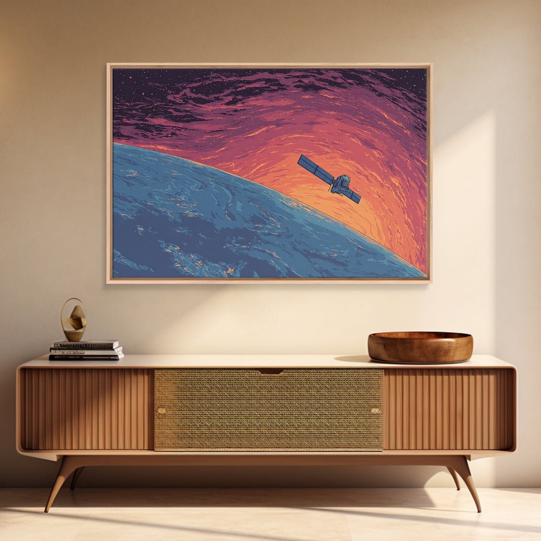 Satellite Over Blue Planet At Sunset, Retro Sci Fi Wall Art, Midcentury Modern Art Print, Space Poster For Home Office Decor