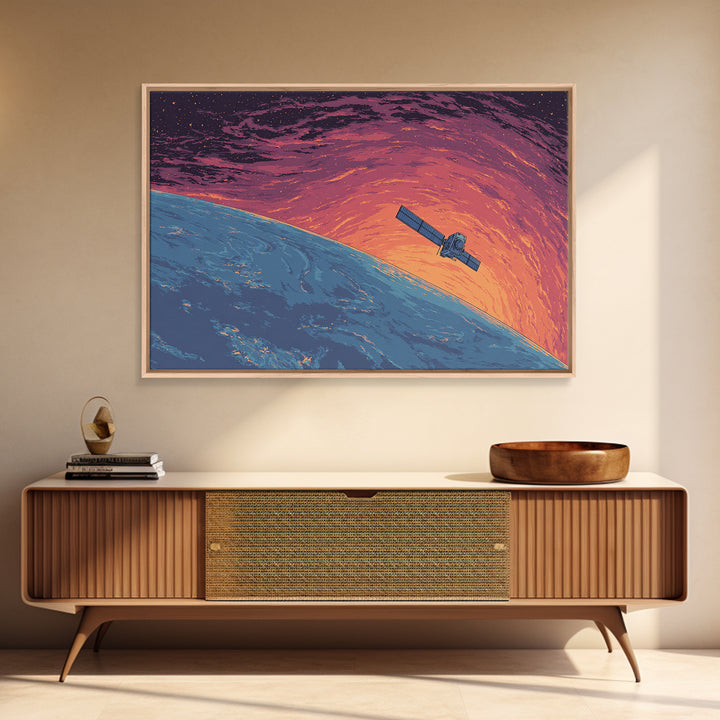 Satellite Over Blue Planet At Sunset, Retro Sci Fi Wall Art, Midcentury Modern Art Print, Space Poster For Home Office Decor