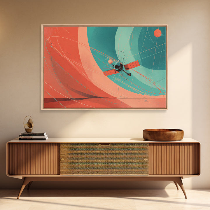 Abstract Satellite Orbit With Coral Teal Planets, Canvas Print, Midcentury Modern Wall Art, Geometric Space Poster Decor