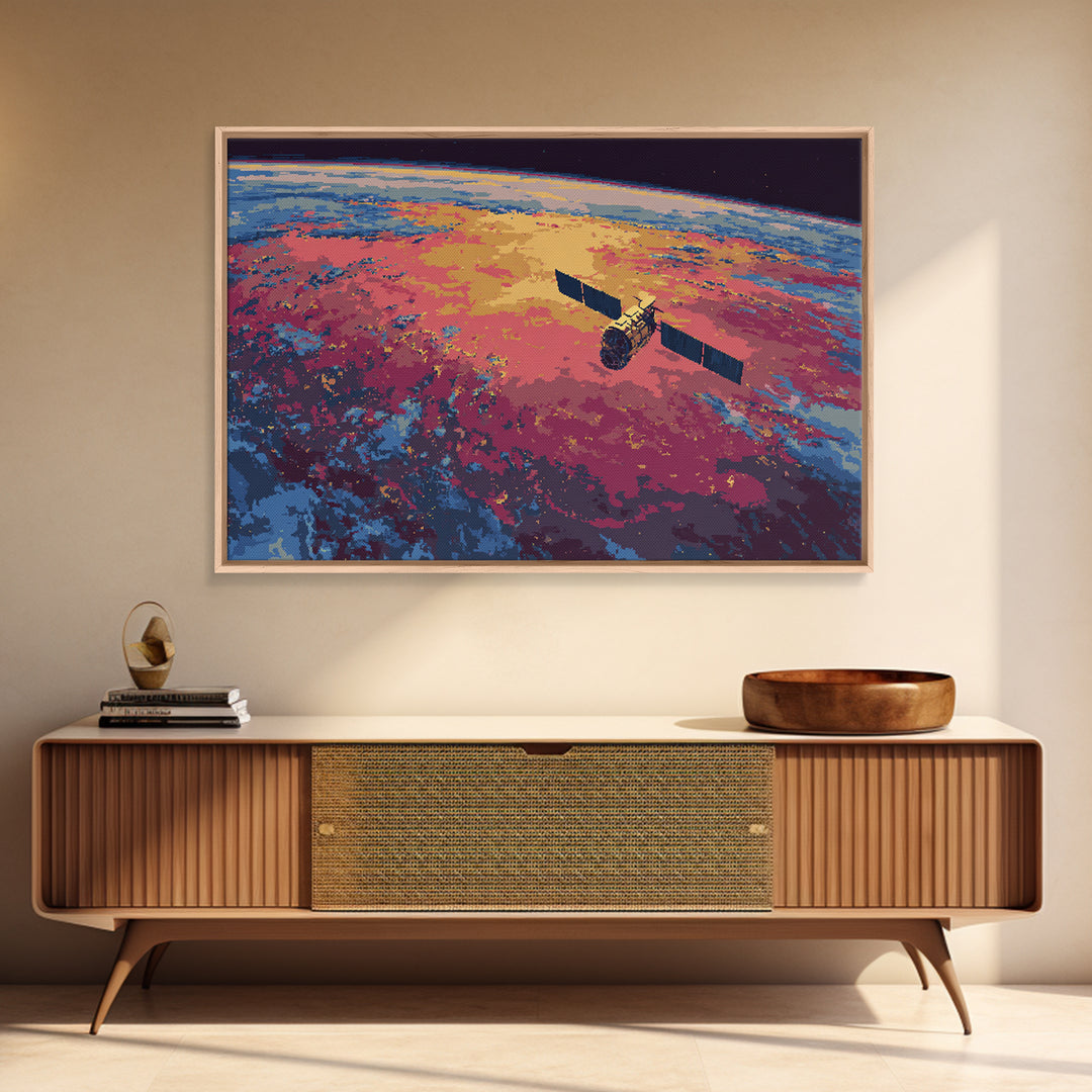 Colorful Satellite Above Pink Blue Earth, Midcentury Modern Wall Art, Retro Sci Fi Poster, Large Canvas Print For Office