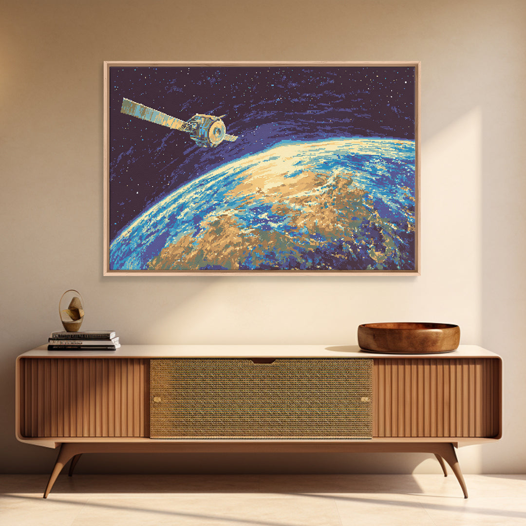 Satellite Over Earth With Stars, Midcentury Modern Wall Art, Retro Sci Fi Space Poster, Blue Canvas Print For Office Decor