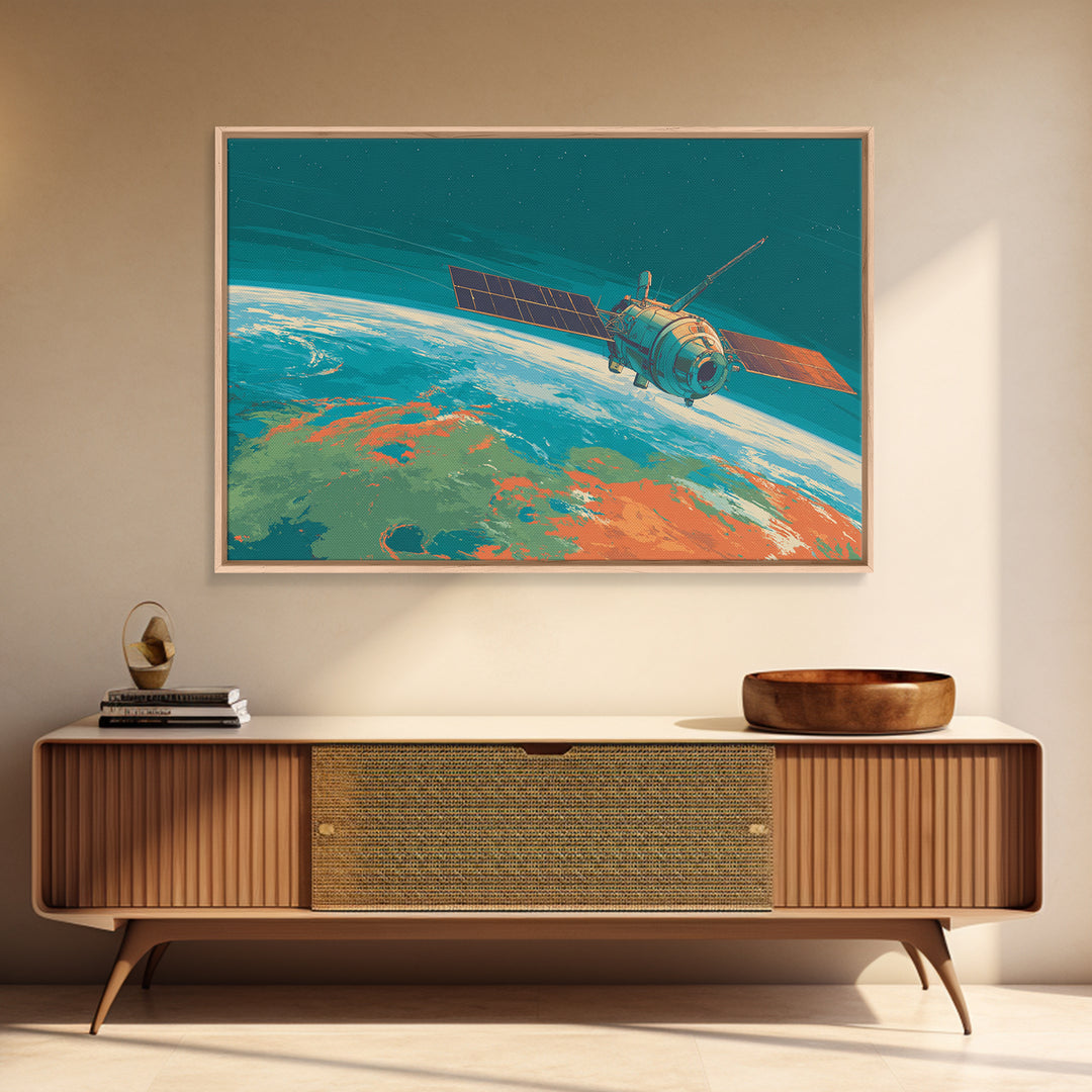 Teal Satellite Above Earth Horizon, Canvas Print, Midcentury Modern Wall Art, Retro Space Poster, Modern Home Office Decor
