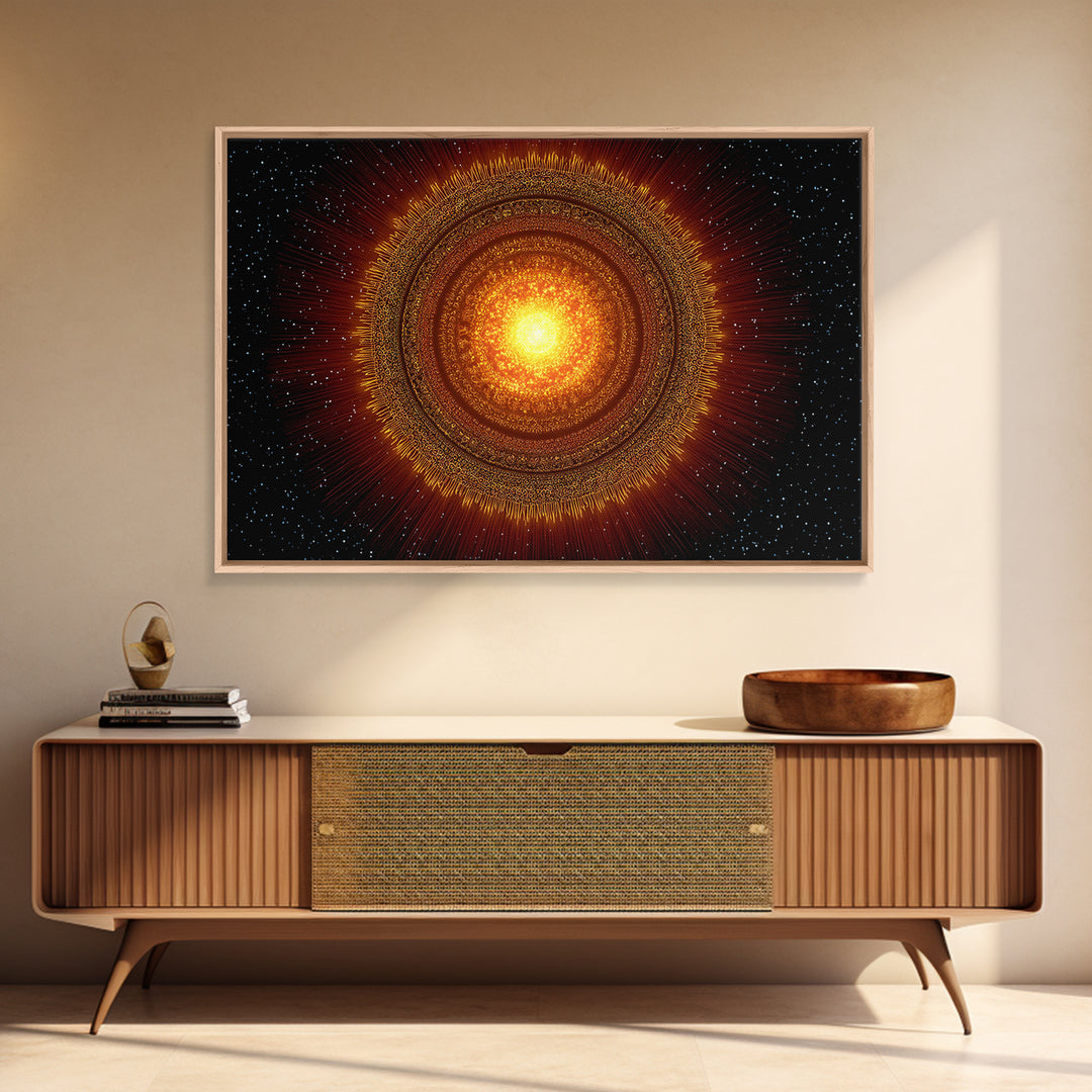Radiant Orange Sun Star Mandala In Space, Midcentury Modern Wall Art, Cosmic Abstract Canvas Print, Spiritual Decor For Living Room