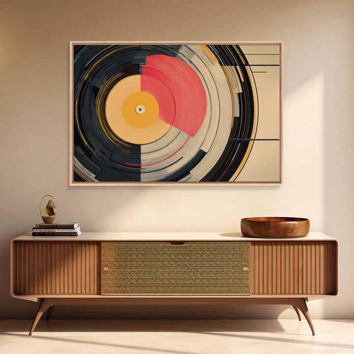 Coral And Gold Vinyl Circles Framed Canvas Print, Mid Century Modern Wall Decor, Abstract Record Art, Bold MCM Home Art Poster