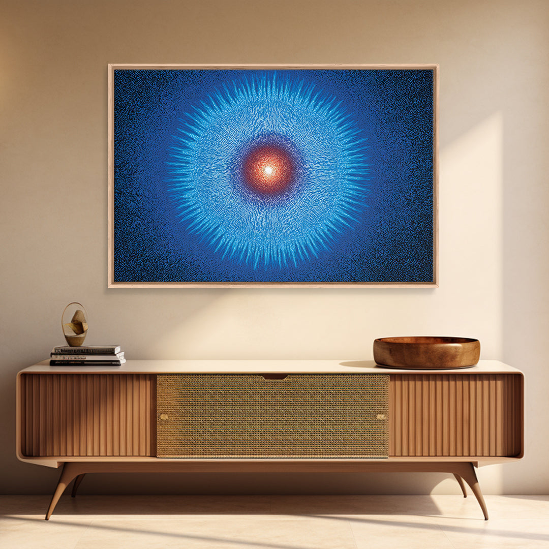 Electric Blue Cosmic Sun Burst, Abstract Wall Art, Midcentury Modern Canvas Print, Space Poster For Modern Home Office Decor