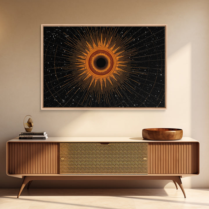 Orange Eclipse Starburst In Black Space Wall Art, Midcentury Modern Art Print, Atomic Retro Decor, Cosmic Abstract Poster