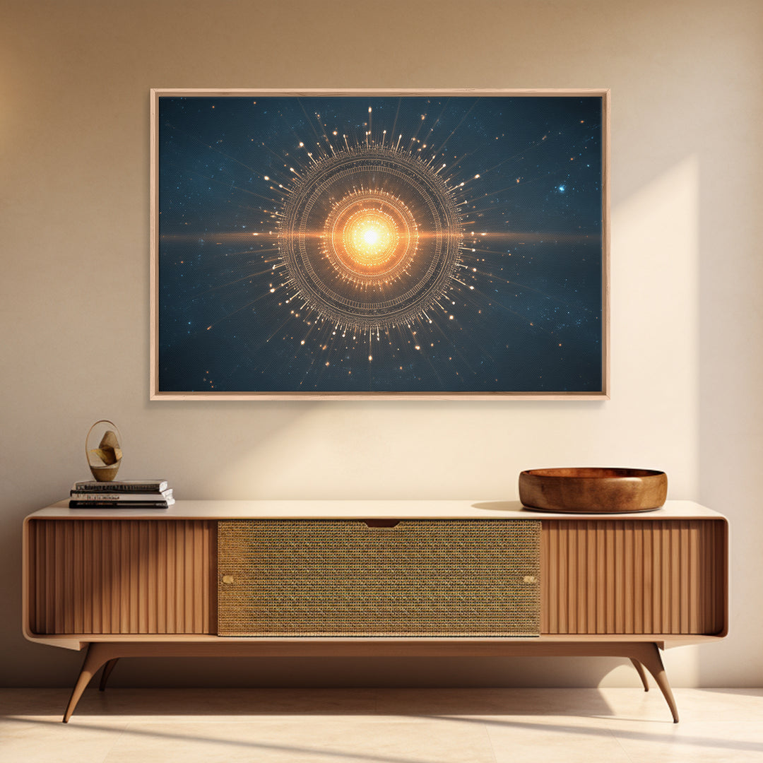 Glowing Golden Sun Mandala In Deep Space Canvas Print, Modern Abstract Art, Celestial Wall Decor, Midcentury Cosmic Poster
