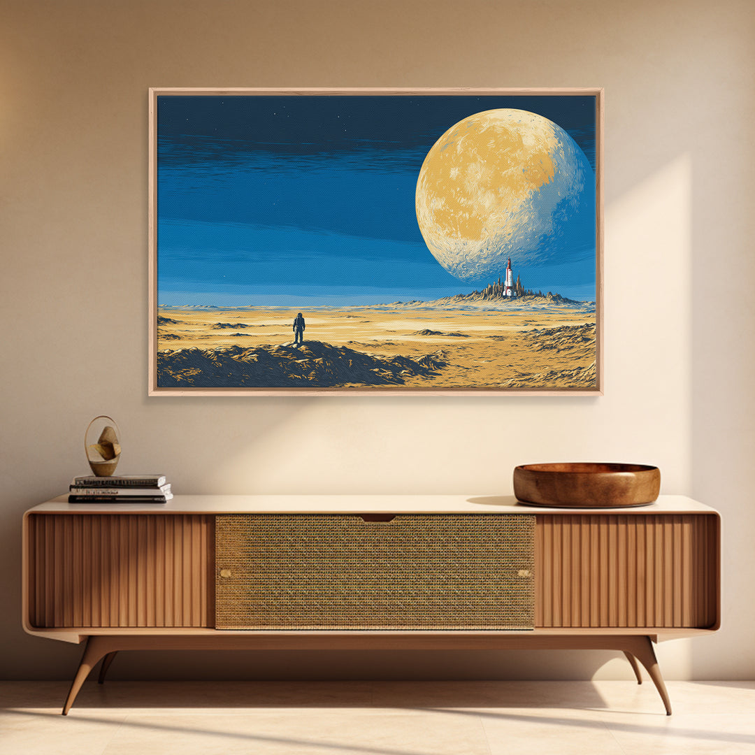 Lone Astronaut On Golden Moon Desert Wall Art, Retro Sci Fi Landscape Poster, Midcentury Modern Space Decor, Blue Yellow Print