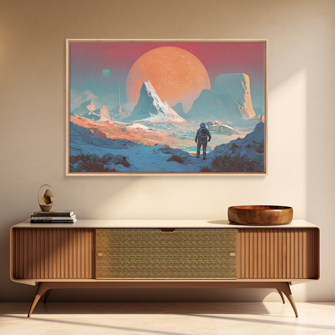 Pastel Astronaut Alien Planet Mountain Framed Canvas Print, Modern Sci Fi Wall Art, Pink Blue Landscape, Retro Space Decor