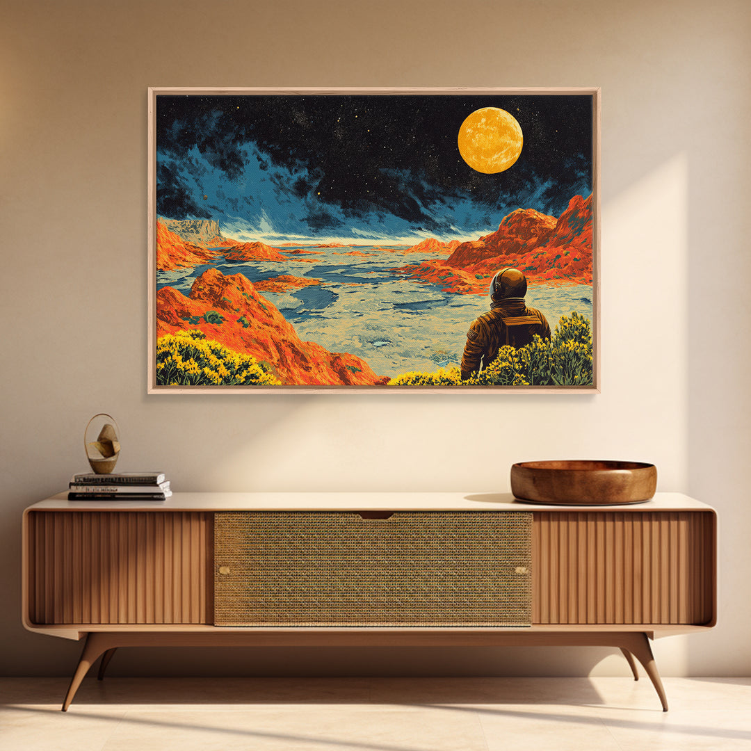 Astronaut On Orange Lunar Desert Wall Art, Retro Sci Fi Moon Poster, Midcentury Modern Art Print, Bold Space Landscape Decor