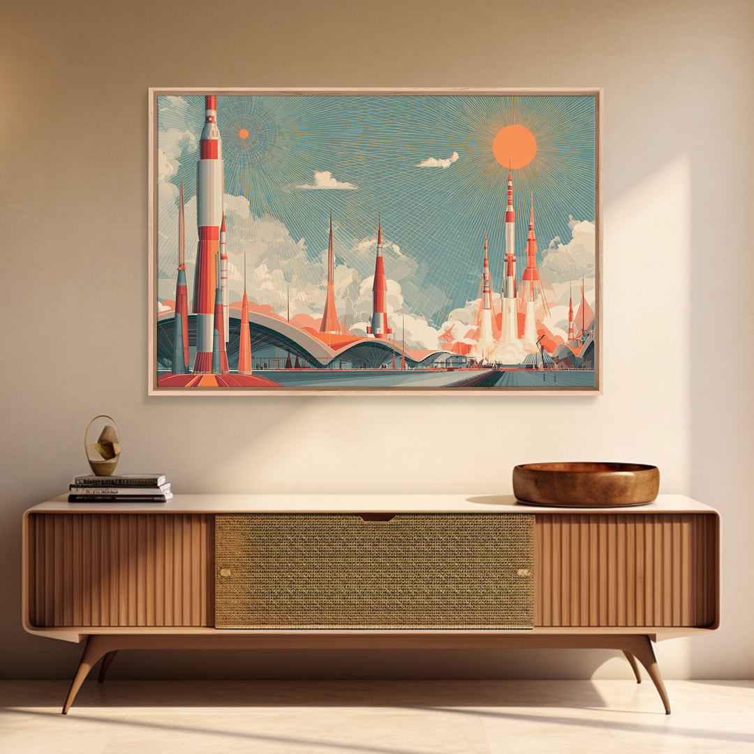 Retro Rocket City Launch With Orange Sun Wall Art, Midcentury Modern Space Poster, Atomic Architecture Decor, Teal Print