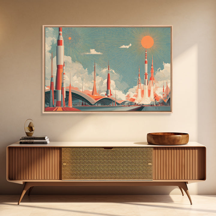 Retro Rocket City Launch With Orange Sun Wall Art, Midcentury Modern Space Poster, Atomic Architecture Decor, Teal Print
