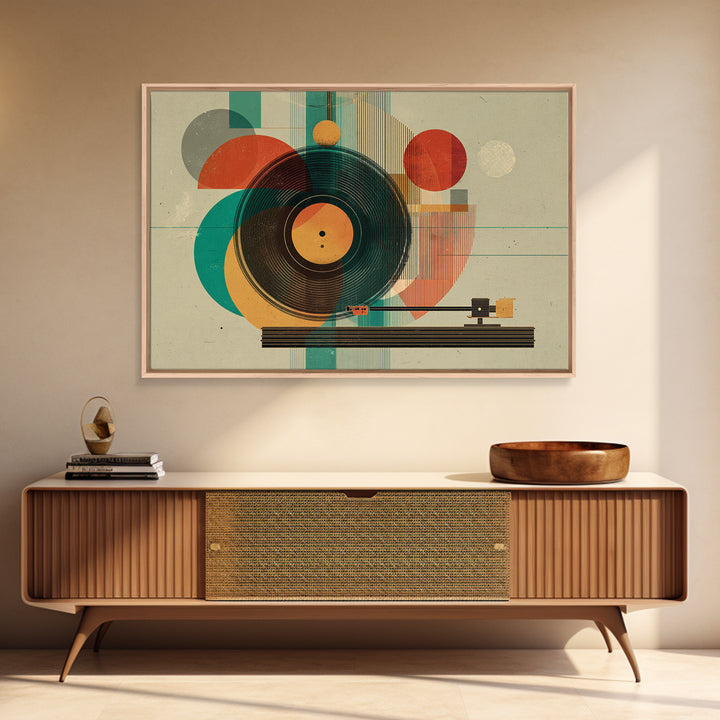 Teal Orange Geometric Turntable Wall Art, Mid Century Modern Record Player Decor, Abstract Music Poster, Retro MCM Print