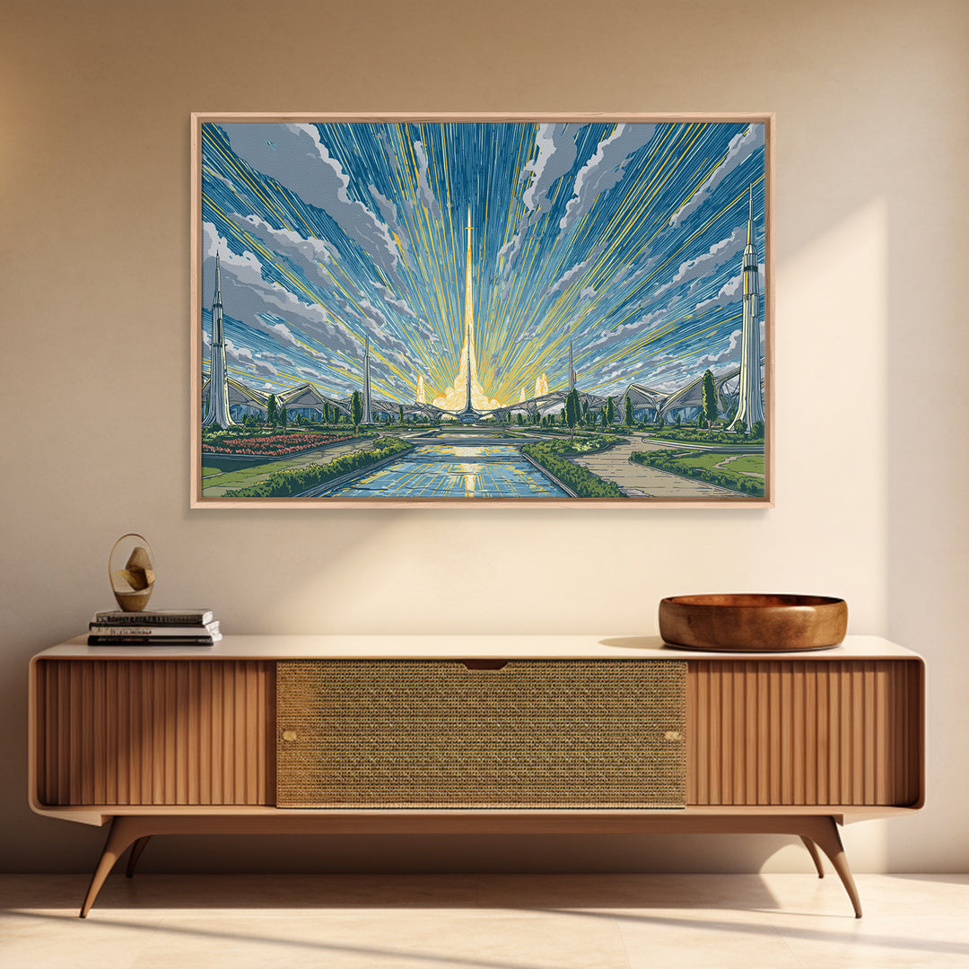 Futuristic Rocket Skyline At Sunrise Framed Canvas Print, Midcentury Modern Wall Art, Atomic City Poster, Blue Yellow Decor