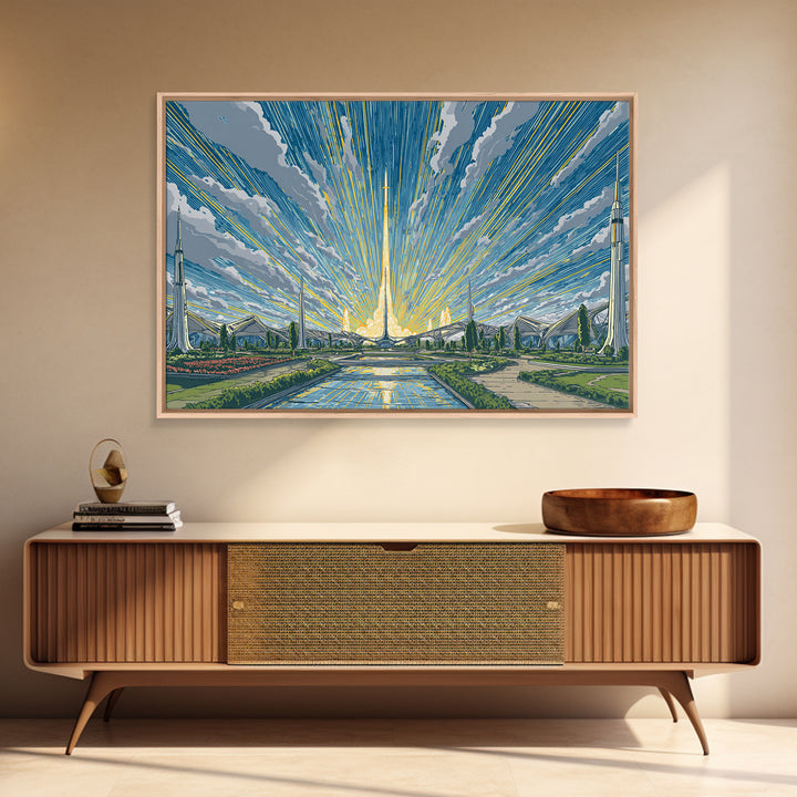 Futuristic Rocket Skyline At Sunrise Framed Canvas Print, Midcentury Modern Wall Art, Atomic City Poster, Blue Yellow Decor