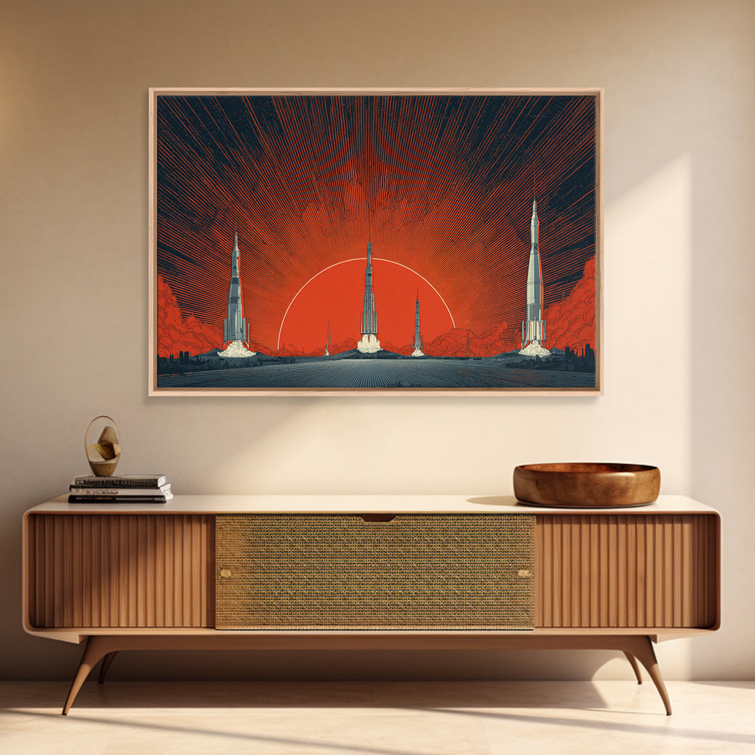 Rocket Sunscape Wall Art, Retro Futuristic Space Poster, Midcentury Modern Art Print, Large Atomic Orange MCM Wall Decor