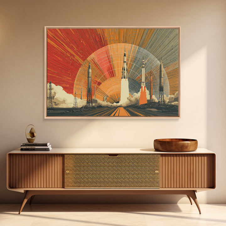 Rocket Launch Wall Art, Retro Space Race Poster, Midcentury Modern Art Print, Atomic Sunset Sci Fi Large MCM Office Decor