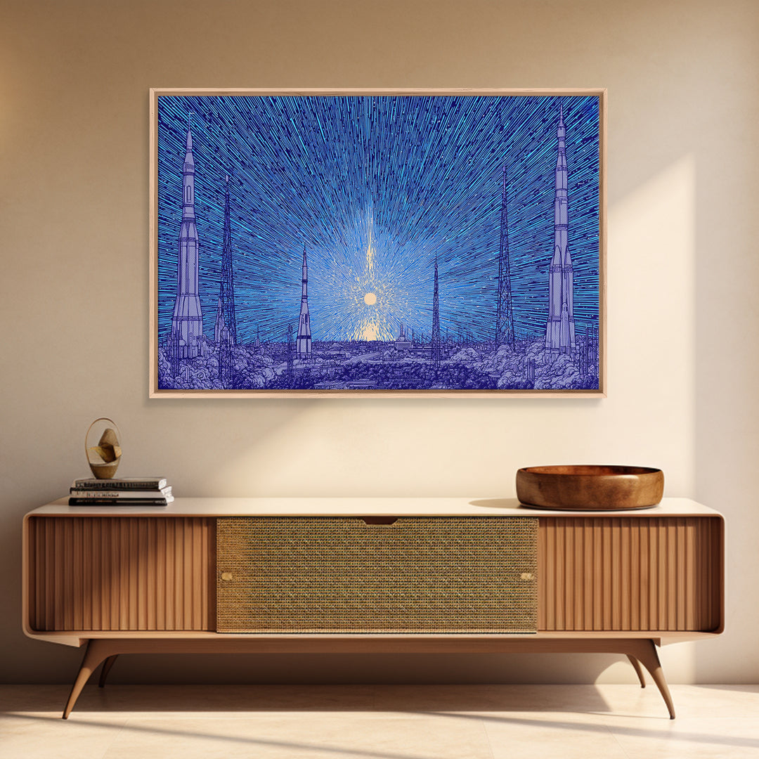 Blue Rocket Skyline Canvas Print, Retro Sci Fi Space Poster, Midcentury Modern Wall Art, Starry Atomic MCM Office Decor Print