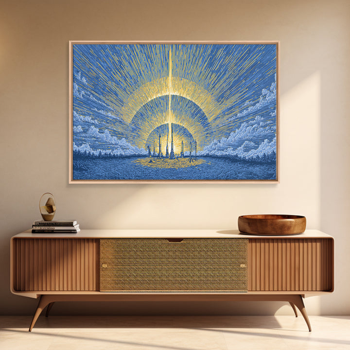 Blue Solar City Wall Art, Futuristic Sunrise Poster, Midcentury Modern Art Print, Retro Space Abstract Large MCM Home Decor