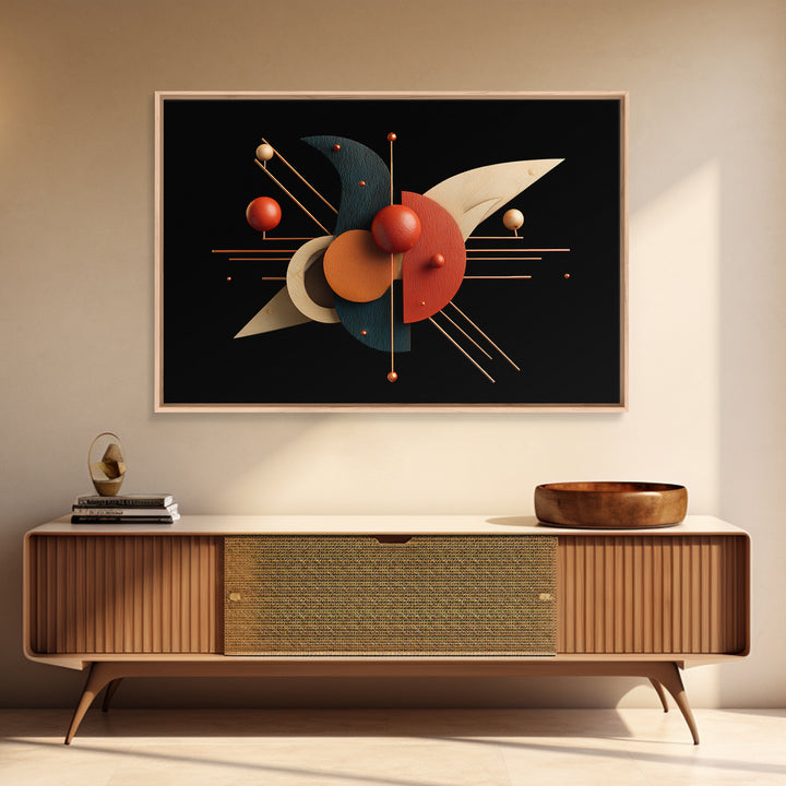 Atomic Sphere Sculpture Wall Art, Black Orange Geometric Canvas Print, Midcentury Modern Abstract Large Retro MCM Office Decor