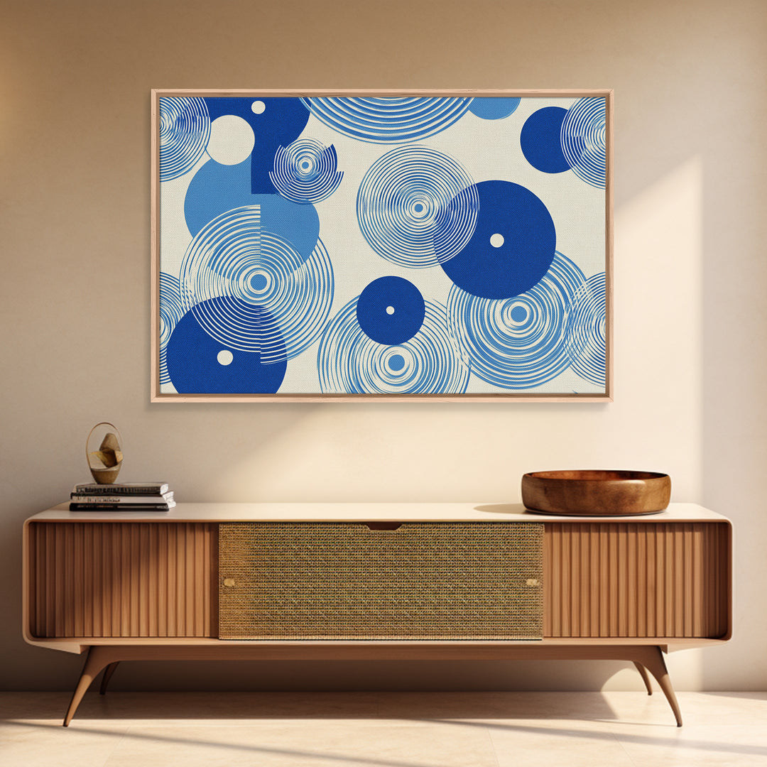Blue Concentric Circle Pattern Canvas Print, Scandinavian Modern Wall Art, Geometric Abstract Decor, Minimal MCM Poster Print