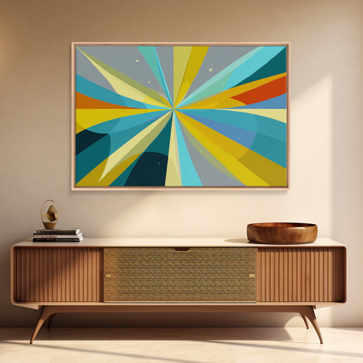 Radiant Starburst Wall Art, Blue Yellow Geometric Abstract Print, Midcentury Modern Decor, Retro MCM Large Living Room Decor