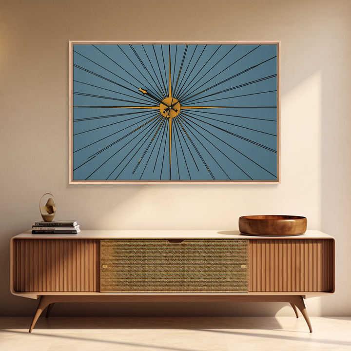 Minimal Gold Starburst Clock On Teal Wall Art, Mid Century Modern Decor, Atomic Geometric Art Print, Retro MCM Poster, Home Office Decor