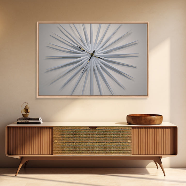White Sculptural Starburst Clock Framed Canvas Print, Mid Century Modern Wall Decor, Minimalist MCM Art For Bedroom, Living Room Decor