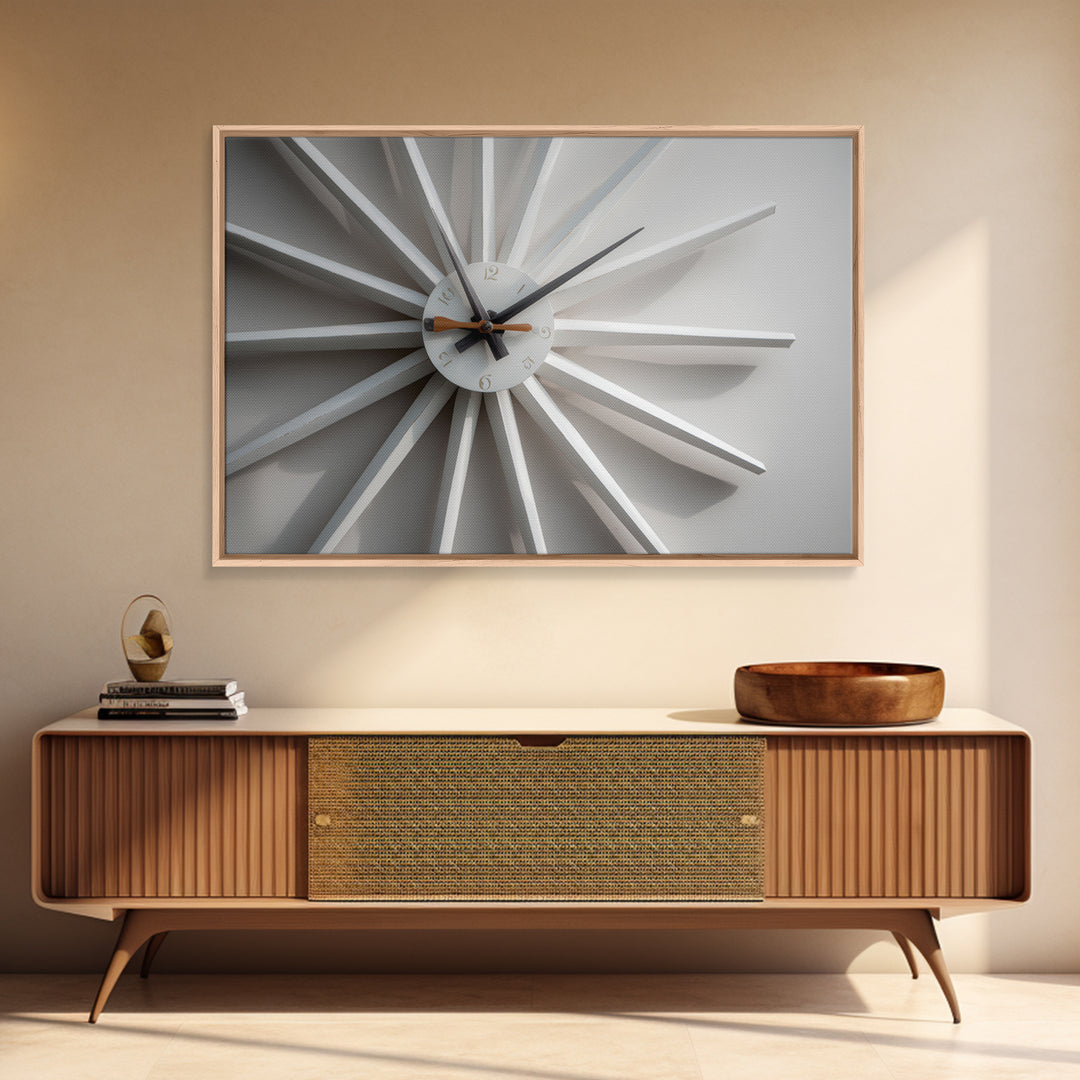 Close Up White Atomic Clock Canvas Print, Mid Century Modern Decor, Minimalist Wall Art, Retro MCM Living Room Poster Print