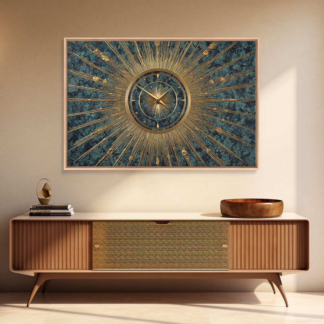 Ornate Gold Starburst Clock On Blue Wall Art, Mid Century Modern Decor, Atomic Art Deco Poster, Elegant MCM Art Print, Home Decor