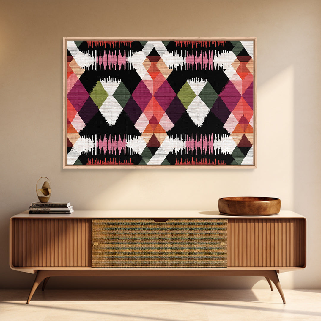 Colorful Diamond Ikat Pattern Framed Canvas Print, Retro Geometric Wall Art, Boho Mid Century Decor, Bold Abstract Poster