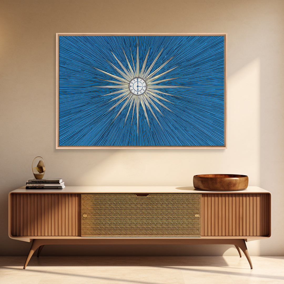 Blue White Radial Starburst Clock Canvas Print, Mid Century Modern Wall Decor, Atomic Retro Art Print, MCM Home Office Decor
