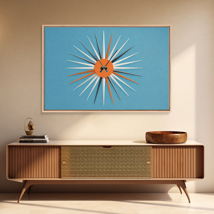 Orange Sunburst Clock On Blue Wall Art, Midcentury Modern Art, Atomic Starburst Print, Retro Wall Decor For Living Room Art