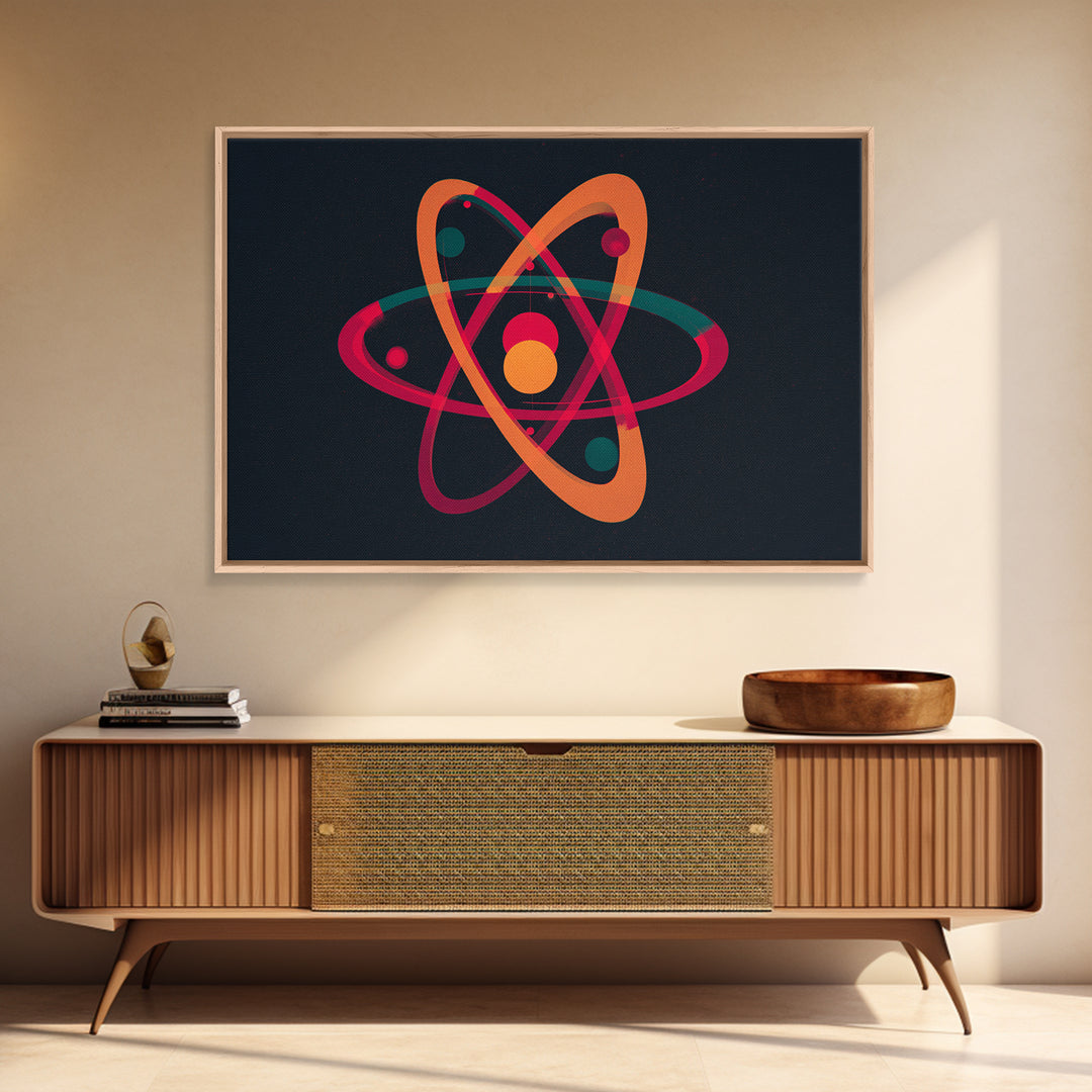 Retro Atomic Orbit On Black Canvas Print, Midcentury Modern Art, Space Abstract Art, MCM Wall Decor For Home Office Or Den
