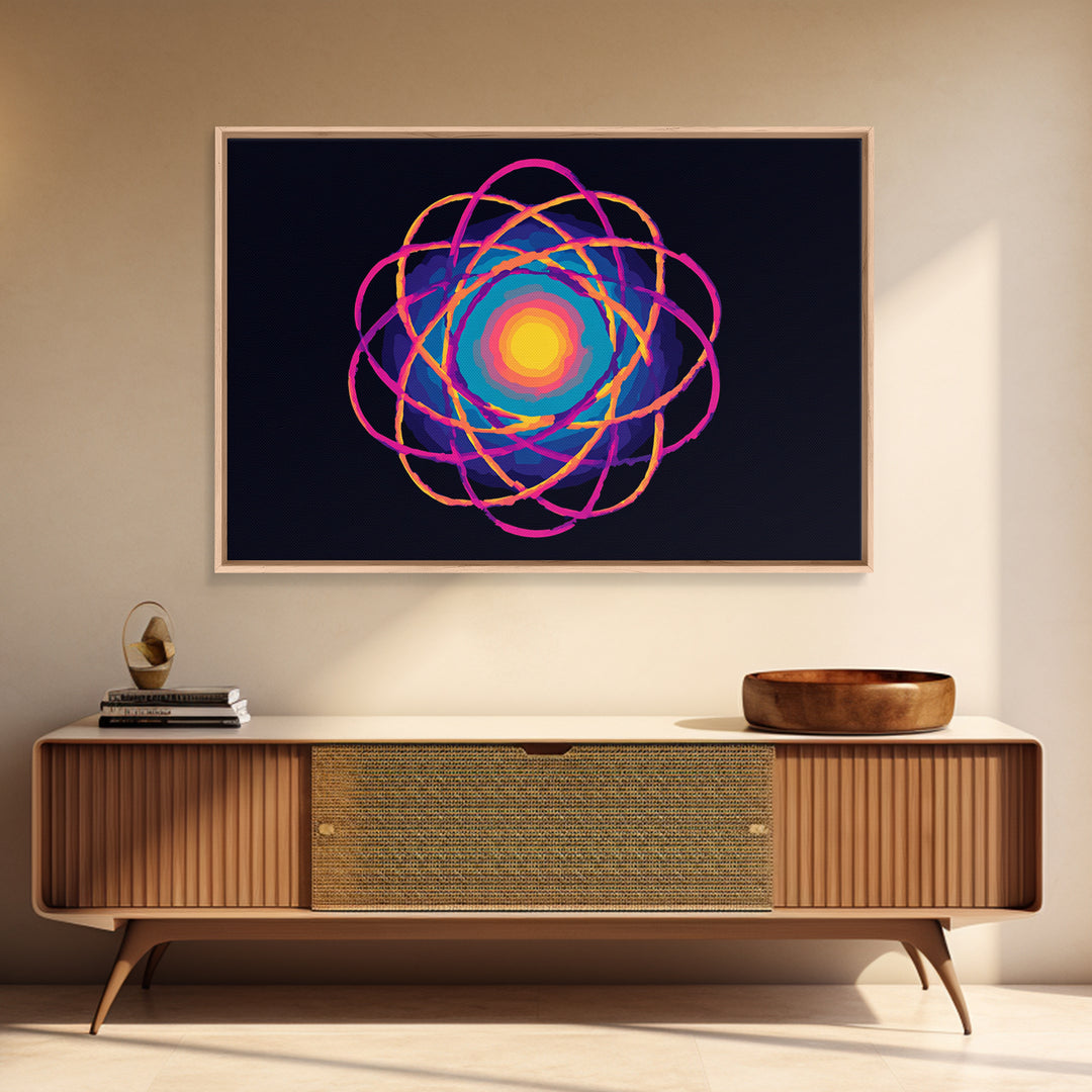 Glowing Rainbow Atom On Navy Framed Canvas Print, Bright Abstract Art, Modern Wall Art, Colorful Sci Fi Retro Poster Print