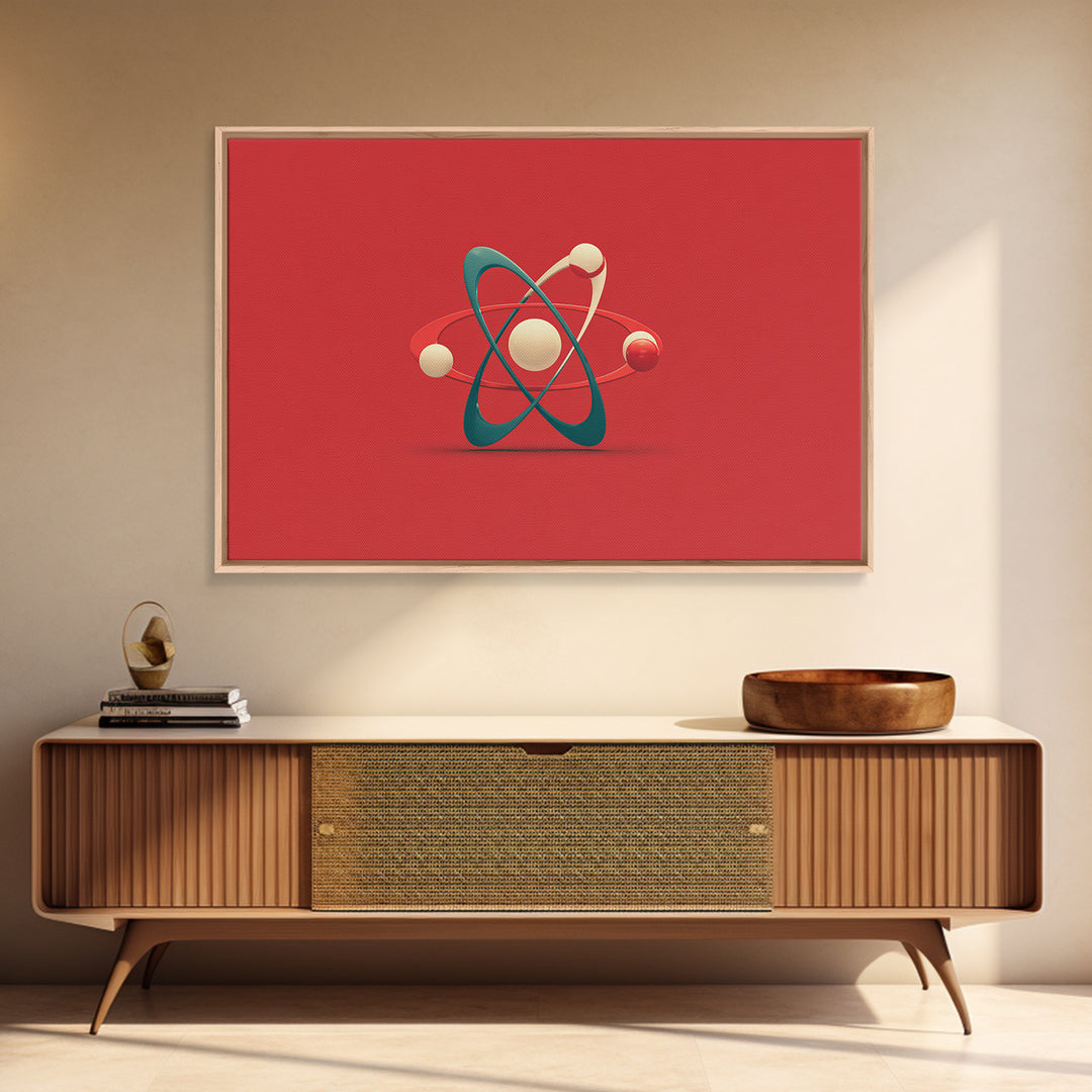 Minimal 3D Atom Sculpture On Red Canvas Print, Midcentury Modern Art, Retro Science Poster, Modern Wall Decor Gift For Him