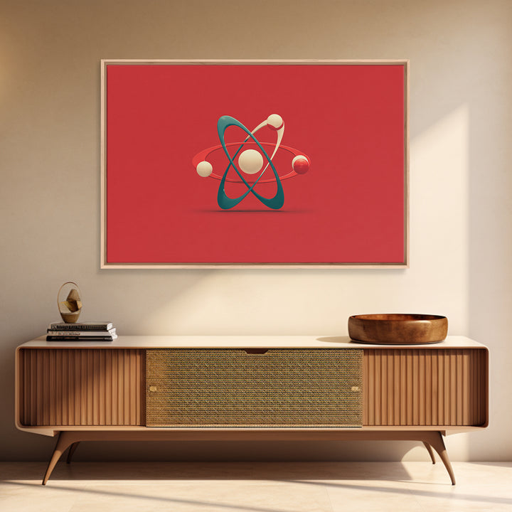 Minimal 3D Atom Sculpture On Red Canvas Print, Midcentury Modern Art, Retro Science Poster, Modern Wall Decor Gift For Him